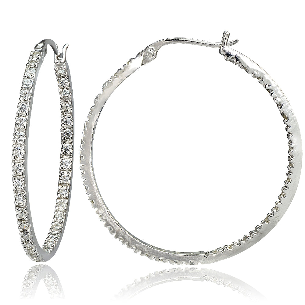 Sterling Silver Cubic Zirconia Inside Out 30mm Round Hoop Earrings