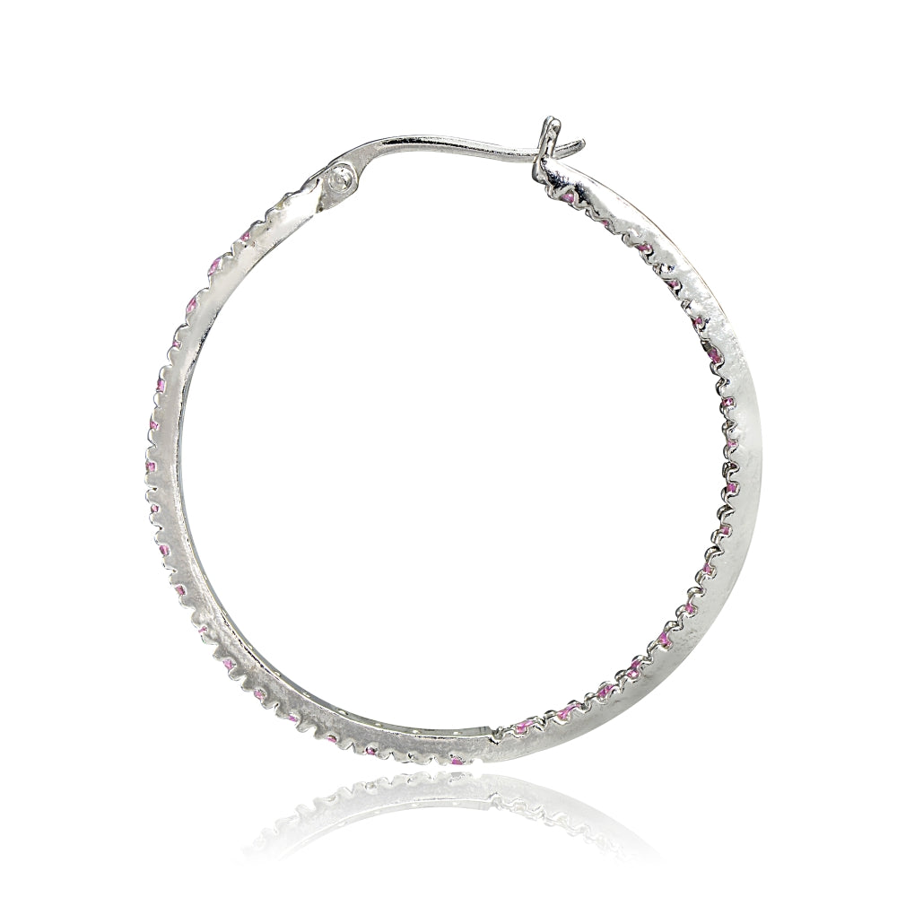 Sterling Silver Pink Cubic Zirconia Inside Out 35mm Round Hoop Earrings-2