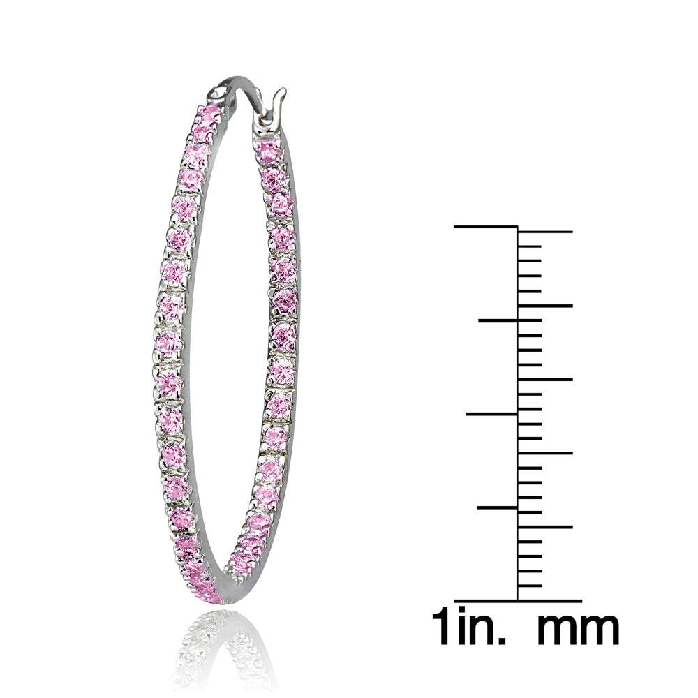 Sterling Silver Pink Cubic Zirconia Inside Out 35mm Round Hoop Earrings-3