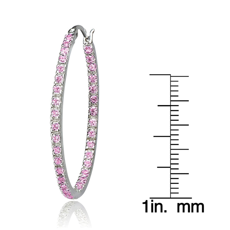 Sterling Silver Pink Cubic Zirconia Inside Out 35mm Round Hoop Earrings