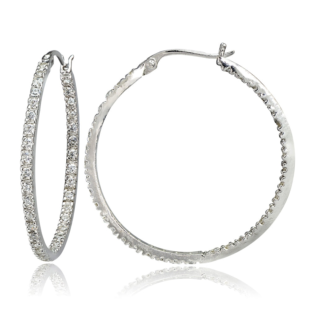Sterling Silver Cubic Zirconia Inside Out 35mm Round Hoop Earrings