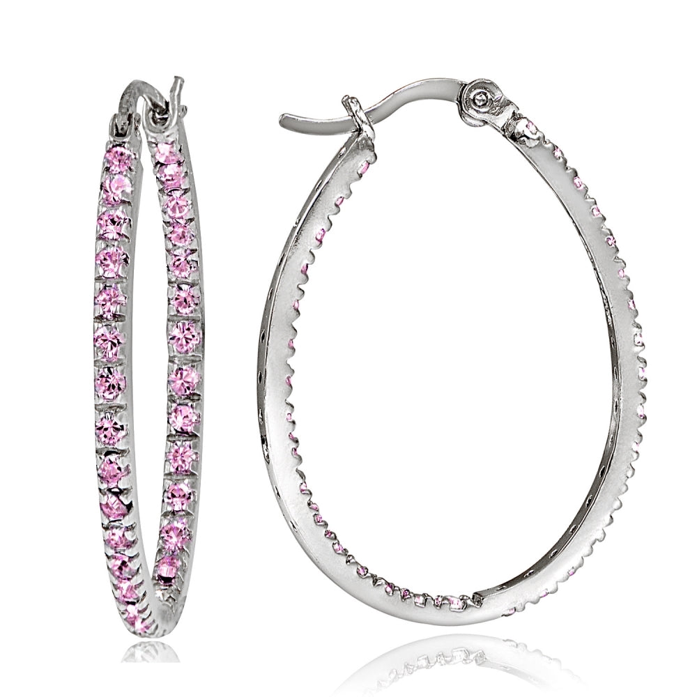 Sterling Silver Pink Cubic Zirconia Inside Out 30mm Oval Hoop Earrings