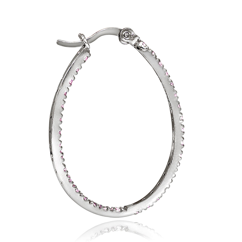 Sterling Silver Pink Cubic Zirconia Inside Out 30mm Oval Hoop Earrings-2
