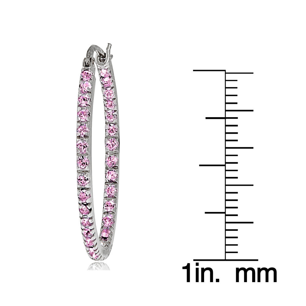 Sterling Silver Pink Cubic Zirconia Inside Out 30mm Oval Hoop Earrings-3