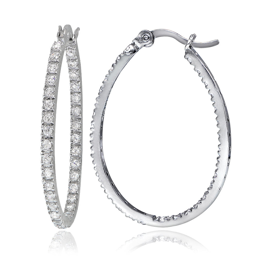 Sterling Silver Cubic Zirconia Inside Out 30mm Oval Hoop Earrings