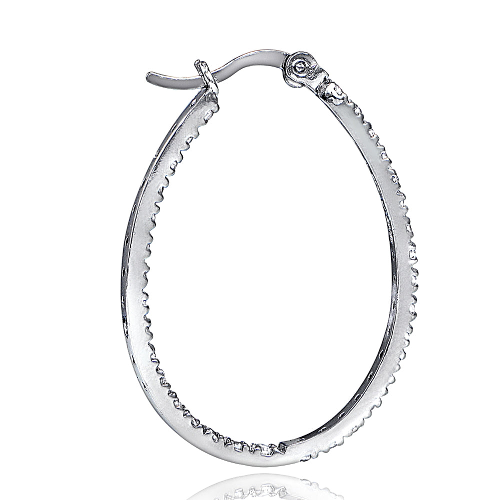 Sterling Silver Cubic Zirconia Inside Out 30mm Oval Hoop Earrings-3