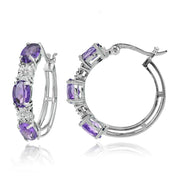 Sterling Silver Oval African Amethyst and Diamond Accent Hoop Earrings