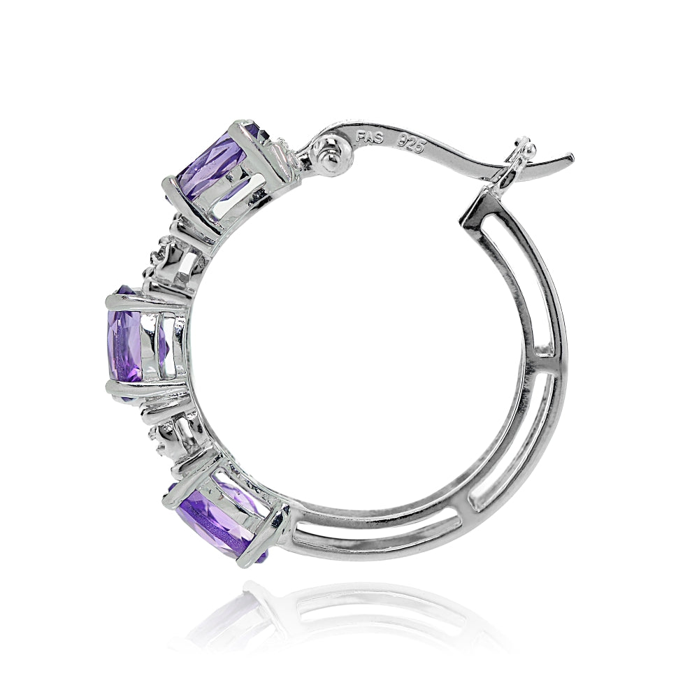 Sterling Silver Oval African Amethyst and Diamond Accent Hoop Earrings-2