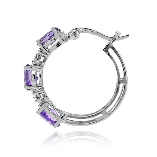 Sterling Silver Oval African Amethyst and Diamond Accent Hoop Earrings