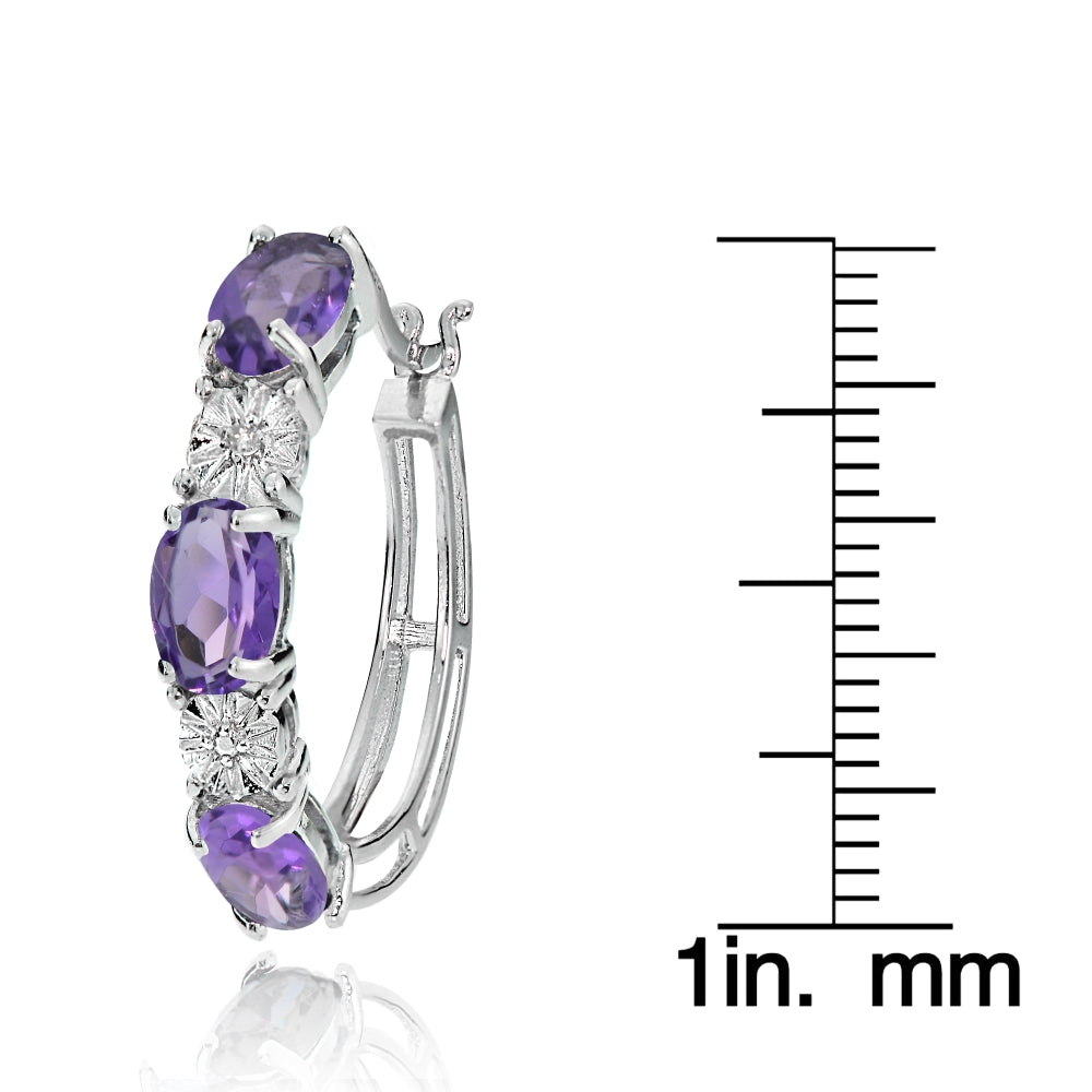 Sterling Silver Oval African Amethyst and Diamond Accent Hoop Earrings-3