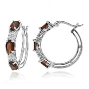 Sterling Silver Oval African Garnet and Diamond Accent Hoop Earrings