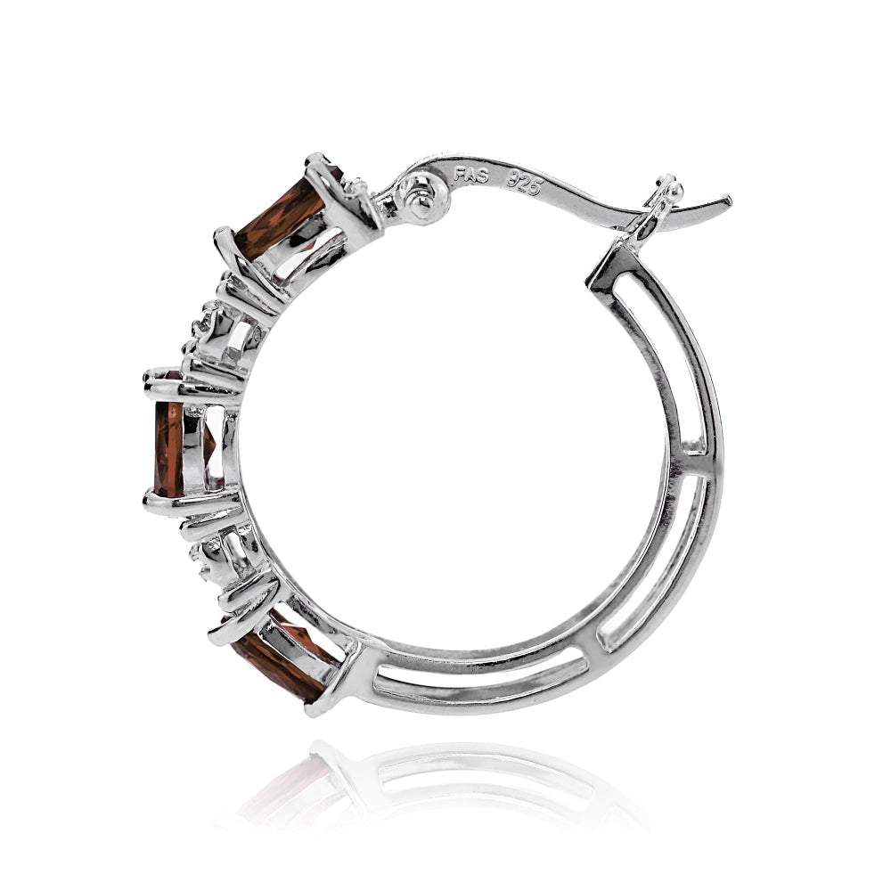 Sterling Silver Oval African Garnet and Diamond Accent Hoop Earrings-2