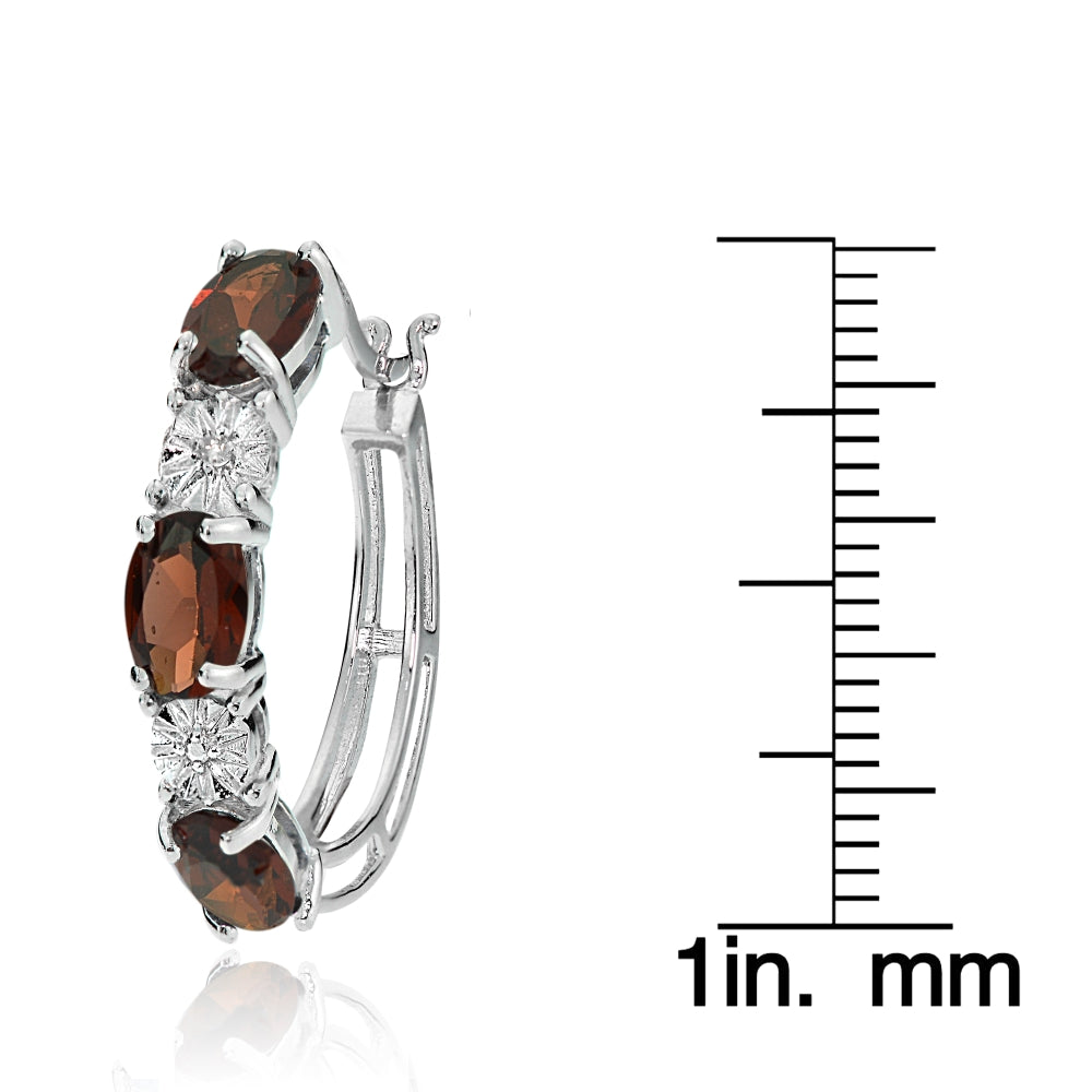 Sterling Silver Oval African Garnet and Diamond Accent Hoop Earrings-3