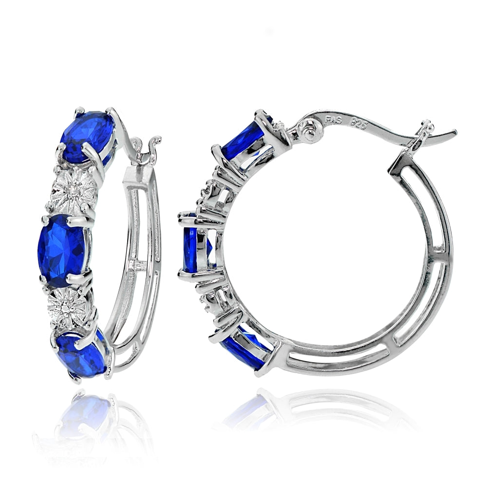 Sterling Silver Oval Created Blue Sapphire and Diamond Accent Hoop Earrings