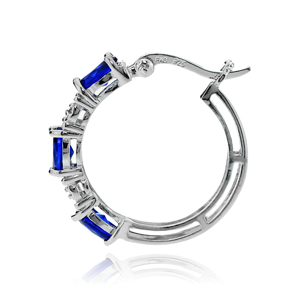 Sterling Silver Oval Created Blue Sapphire and Diamond Accent Hoop Earrings-2