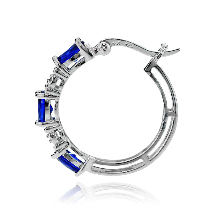 Sterling Silver Oval Created Blue Sapphire and Diamond Accent Hoop Earrings