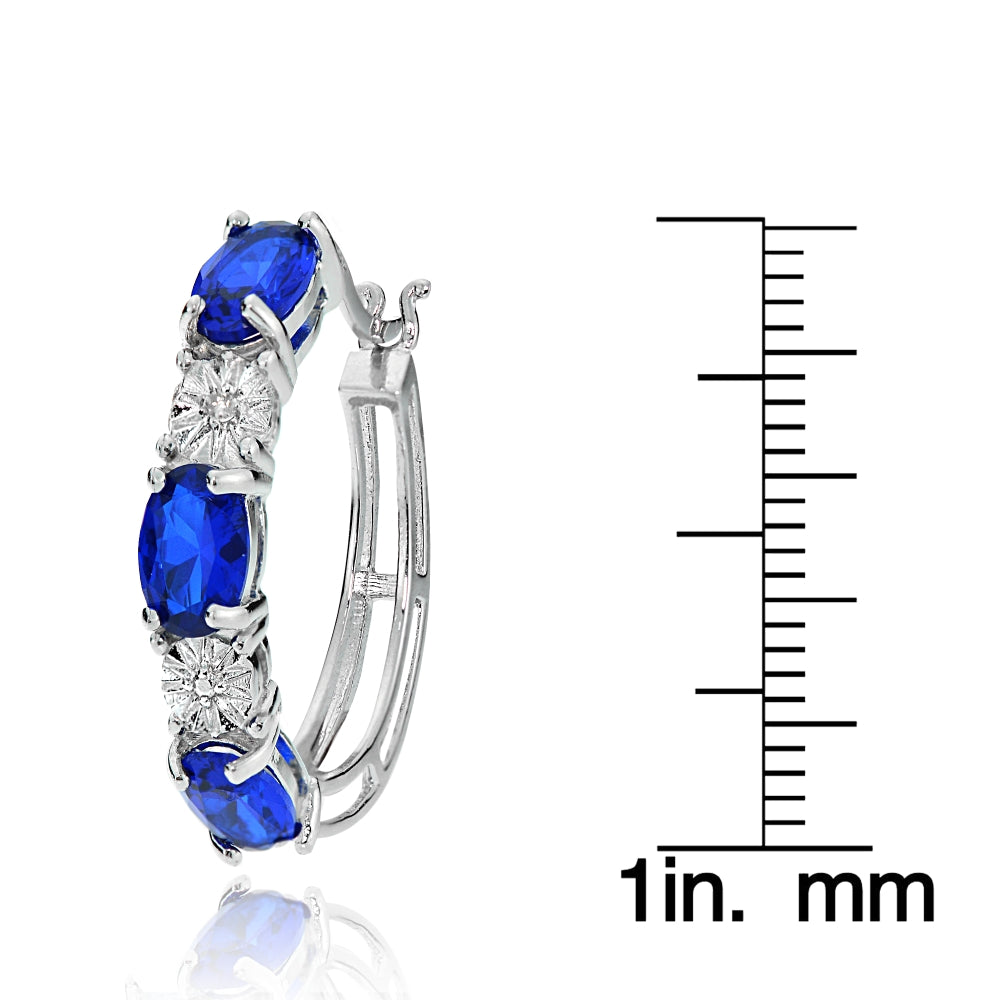 Sterling Silver Oval Created Blue Sapphire and Diamond Accent Hoop Earrings-3