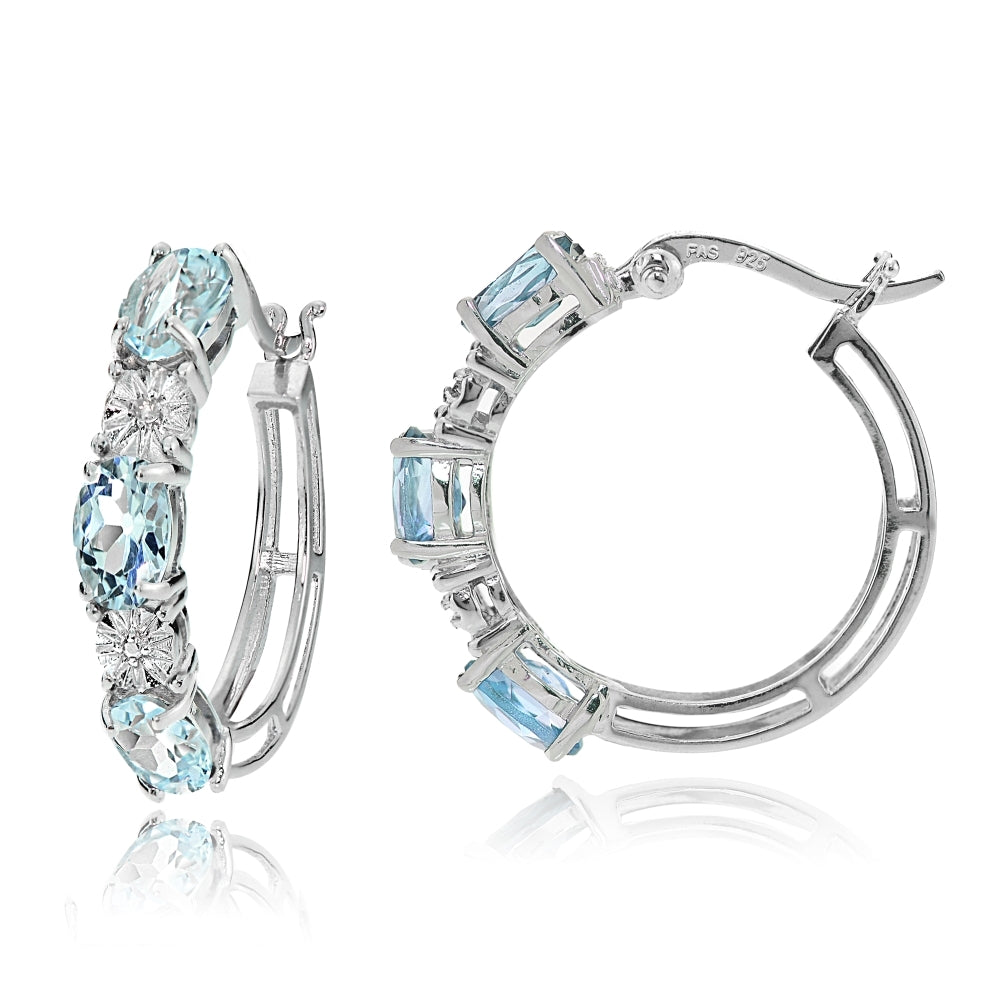 Sterling Silver Oval Blue Topaz and Diamond Accent Hoop Earrings