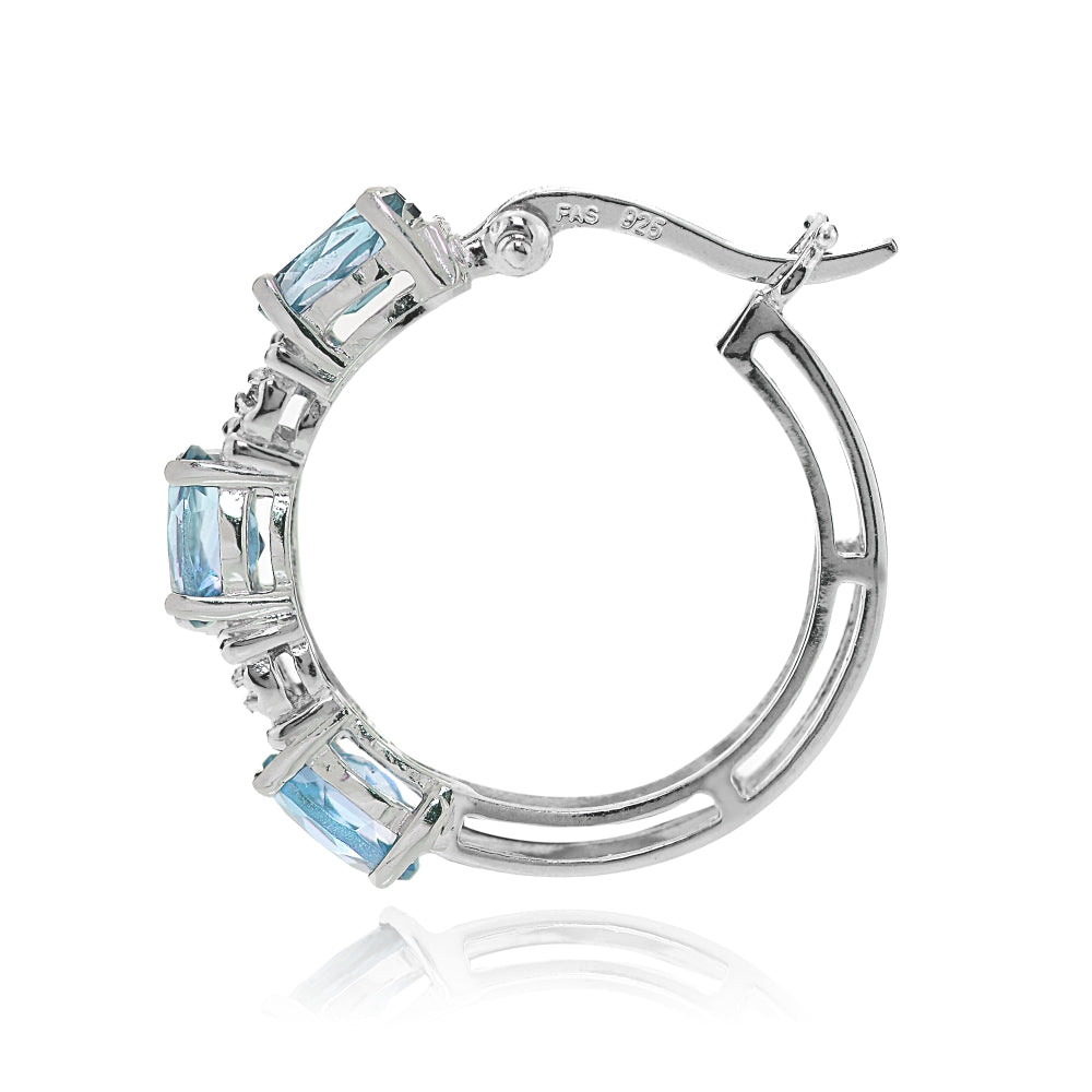 Sterling Silver Oval Blue Topaz and Diamond Accent Hoop Earrings-2