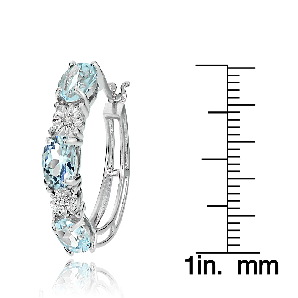 Sterling Silver Oval Blue Topaz and Diamond Accent Hoop Earrings-3