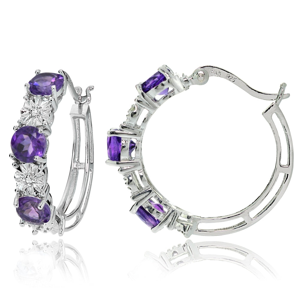 Sterling Silver Round African Amethyst and Diamond Accent Hoop Earrings