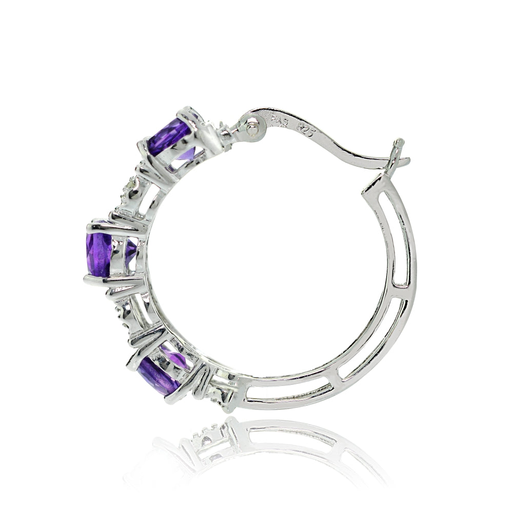 Sterling Silver Round African Amethyst and Diamond Accent Hoop Earrings-2