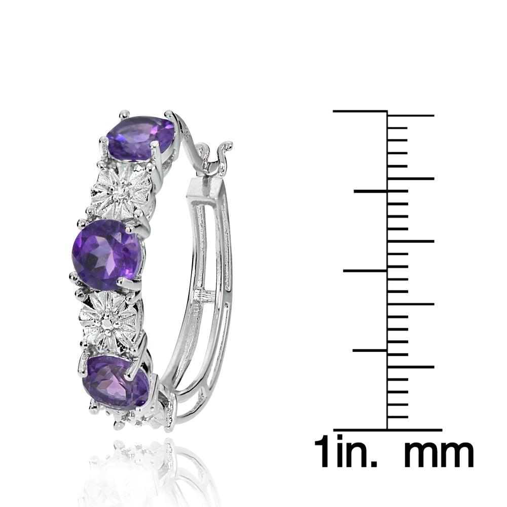 Sterling Silver Round African Amethyst and Diamond Accent Hoop Earrings-3