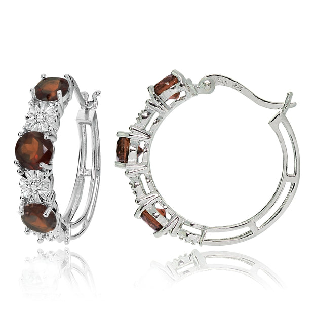 Sterling Silver Round African Garnet and Diamond Accent Hoop Earrings