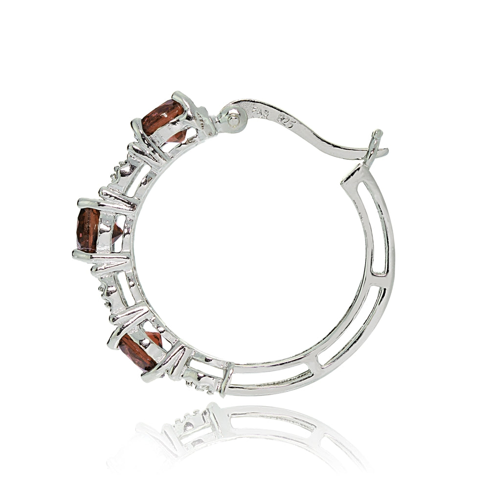 Sterling Silver Round African Garnet and Diamond Accent Hoop Earrings-2