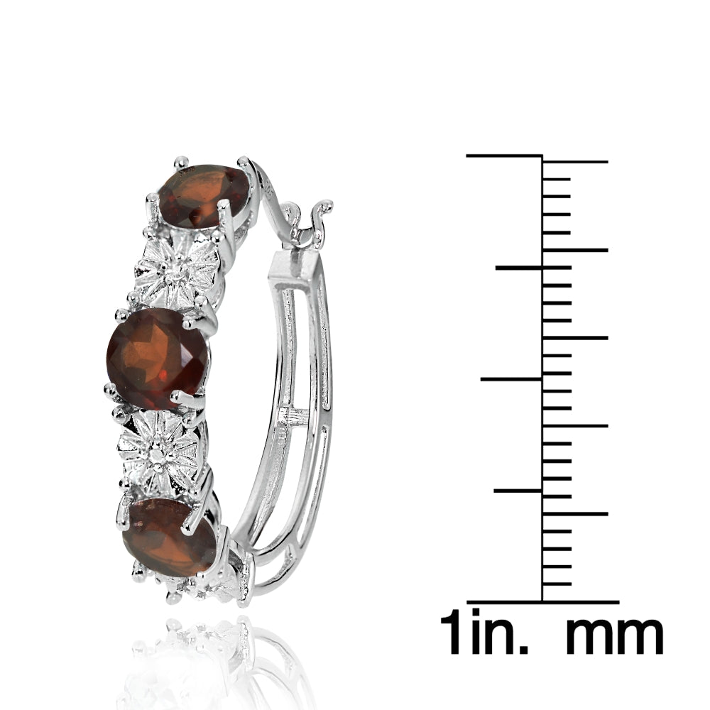 Sterling Silver Round African Garnet and Diamond Accent Hoop Earrings-3