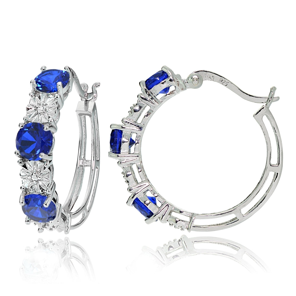 Sterling Silver Round Created Blue Sapphire and Diamond Accent Hoop Earrings