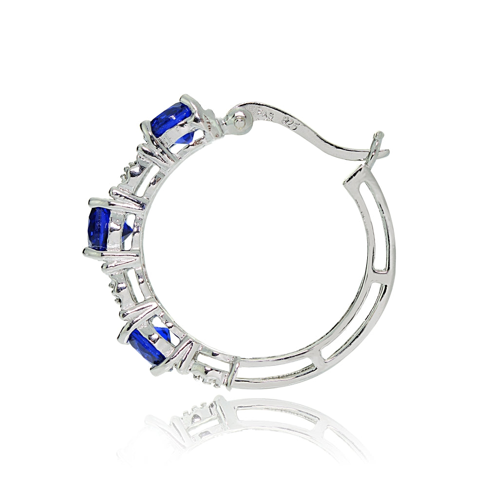 Sterling Silver Round Created Blue Sapphire and Diamond Accent Hoop Earrings-2