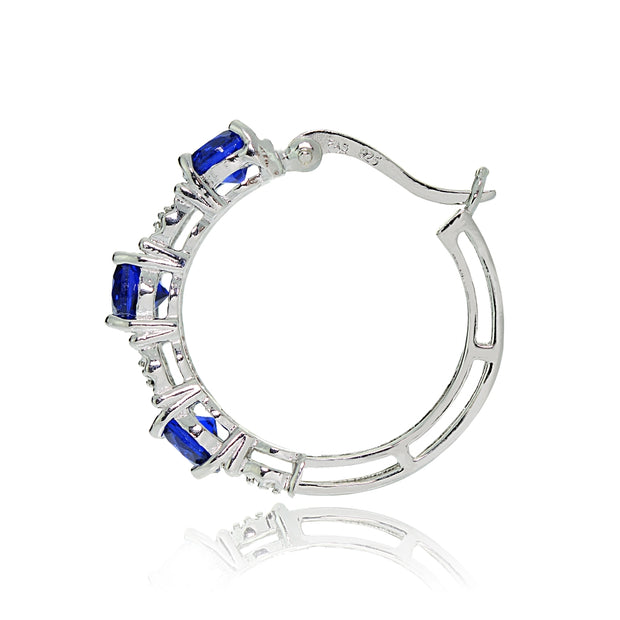 Sterling Silver Round Created Blue Sapphire and Diamond Accent Hoop Earrings