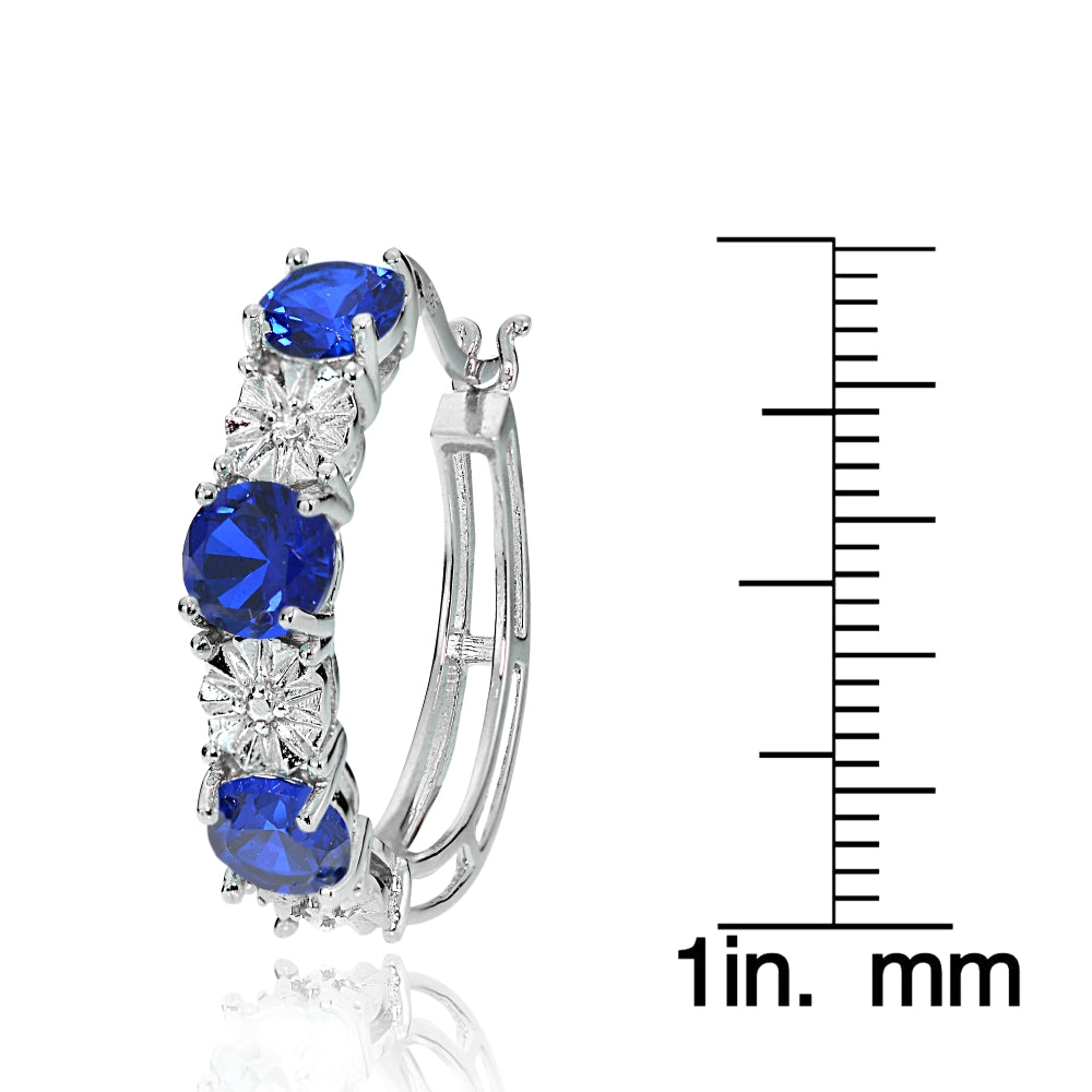Sterling Silver Round Created Blue Sapphire and Diamond Accent Hoop Earrings-3