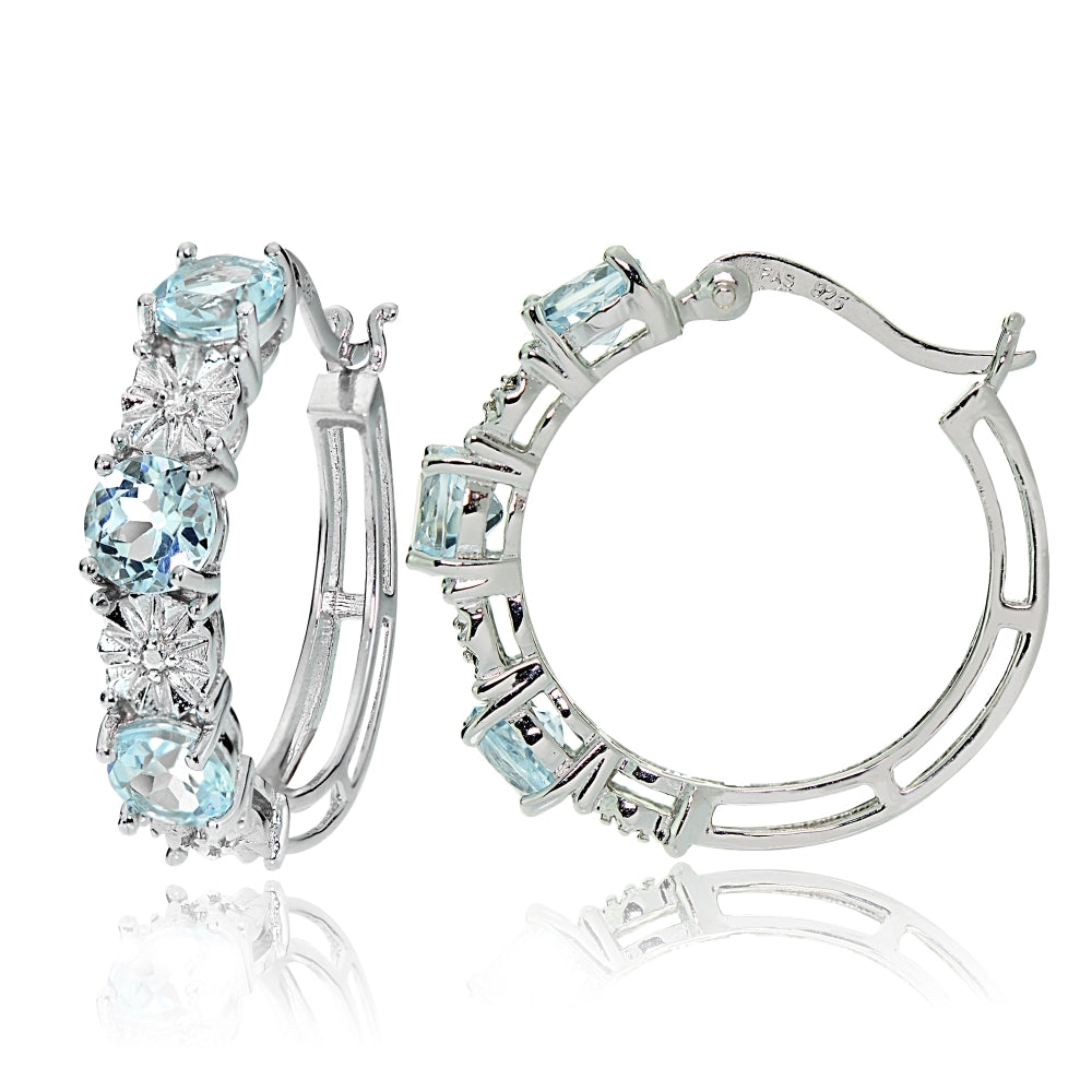 Sterling Silver Round Blue Topaz and Diamond Accent Hoop Earrings