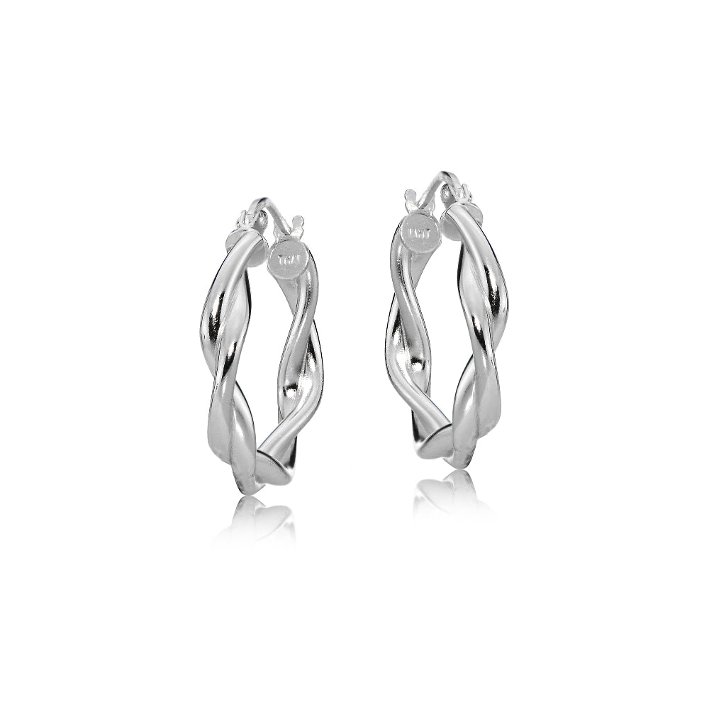 Sterling Silver 3mm Twisteded High Polished Round Hoop Earrings, 15mm-2