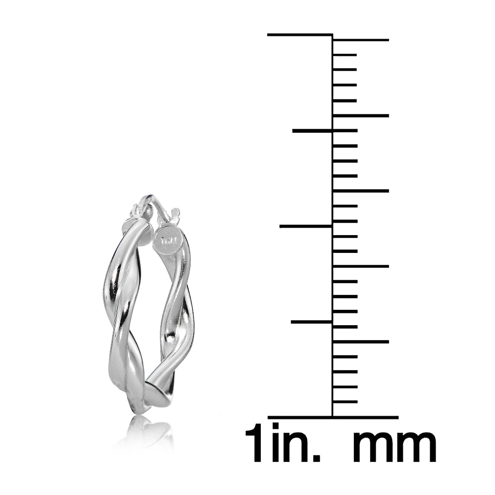 Sterling Silver 3mm Twisteded High Polished Round Hoop Earrings, 15mm-4
