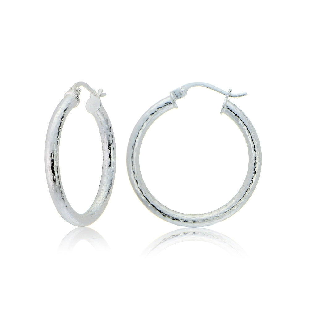 Sterling Silver 2.5mm Diamond Cut Polished Round Hoop Earrings, 20mm