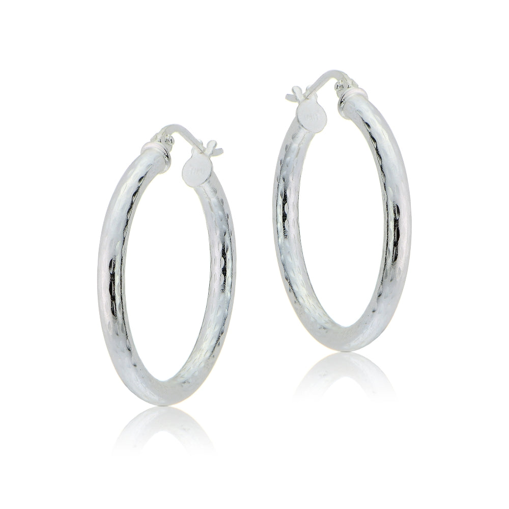 Sterling Silver 2.5mm Diamond Cut Polished Round Hoop Earrings, 20mm-2