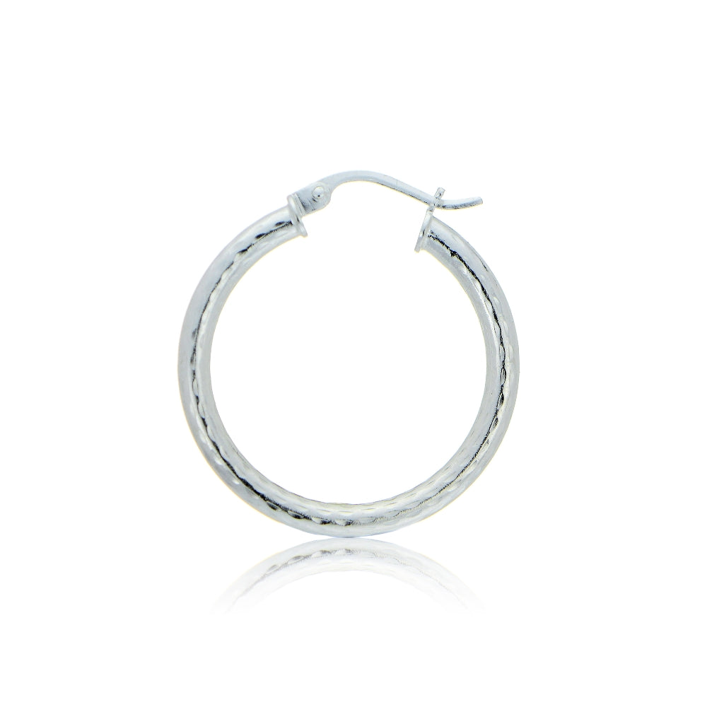 Sterling Silver 2.5mm Diamond Cut Polished Round Hoop Earrings, 20mm-3
