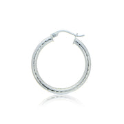 Sterling Silver 2.5mm Diamond Cut Polished Round Hoop Earrings, 20mm