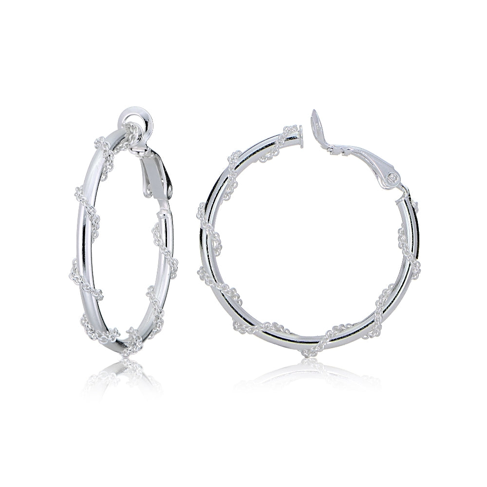 Sterling Silver Chain Wrap Clip-On Hoop Earrings, 20mm