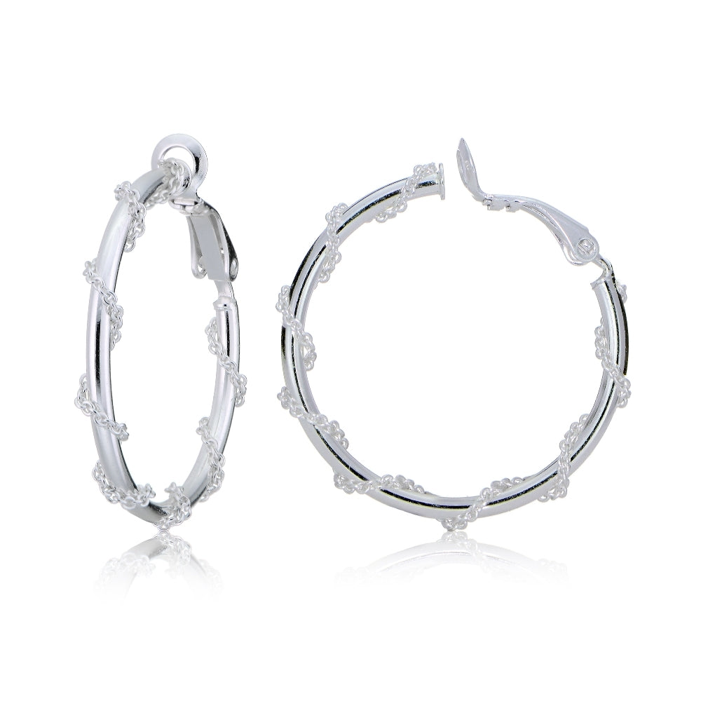 Sterling Silver Chain Wrap Clip-On Hoop Earrings, 25mm
