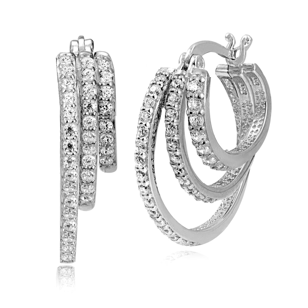 Sterling Silver Cubic Zirconia Triple Round Graduating Hoop Earrings