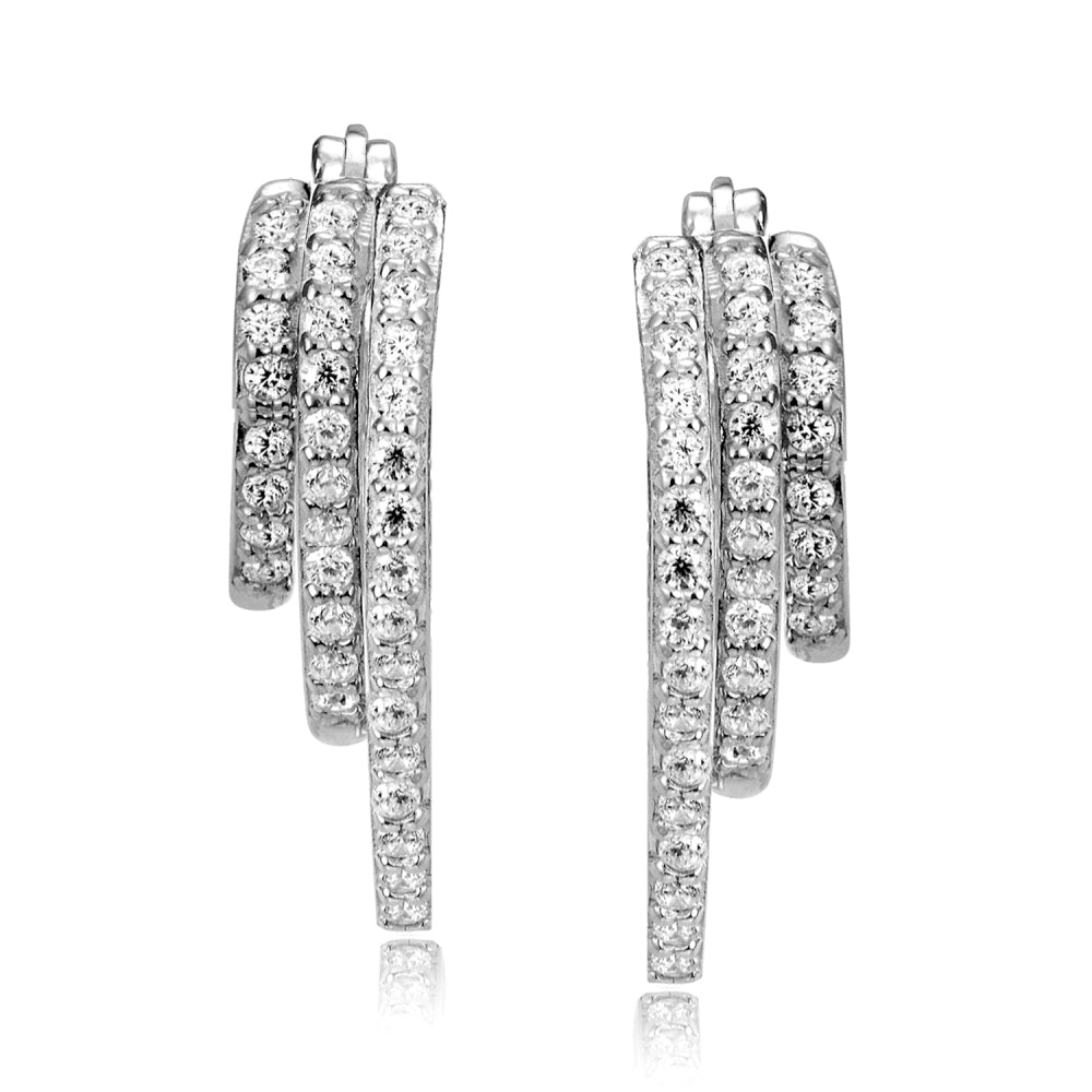 Sterling Silver Cubic Zirconia Triple Round Graduating Hoop Earrings-2