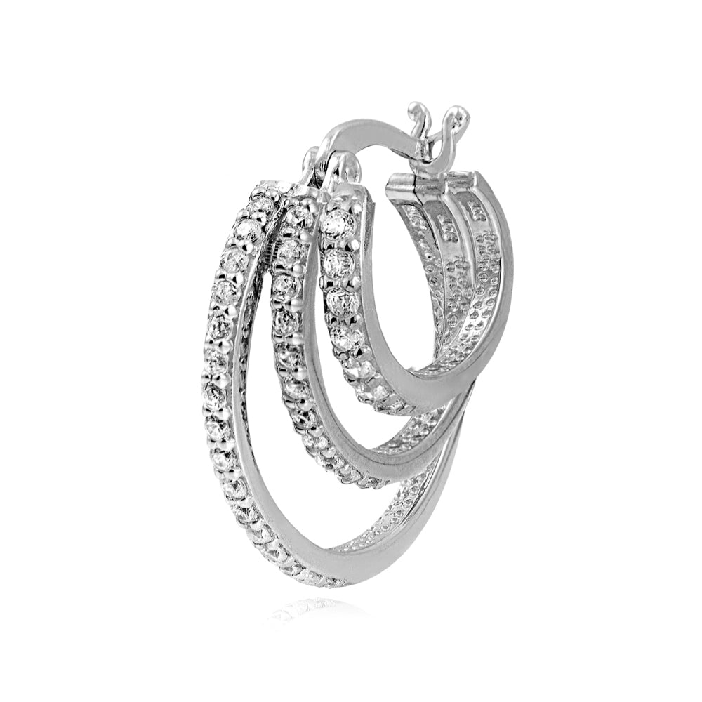 Sterling Silver Cubic Zirconia Triple Round Graduating Hoop Earrings-3
