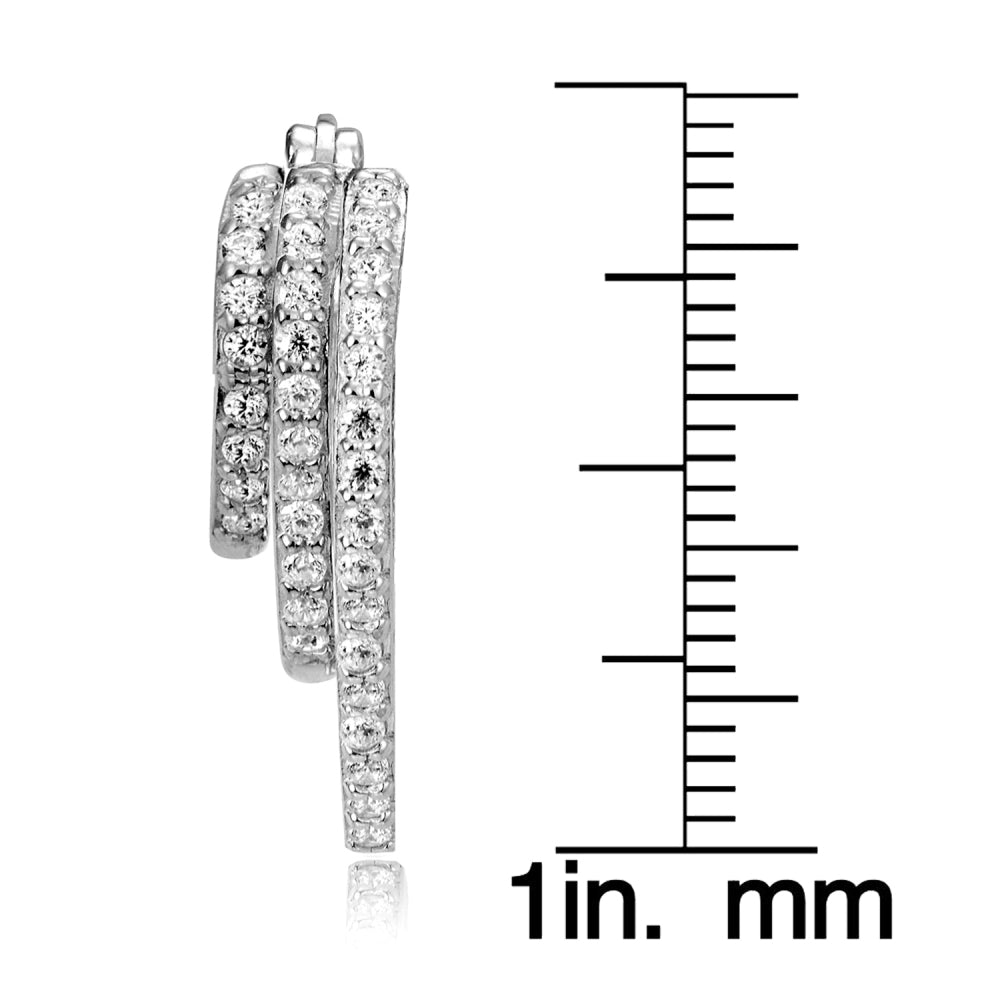 Sterling Silver Cubic Zirconia Triple Round Graduating Hoop Earrings-4