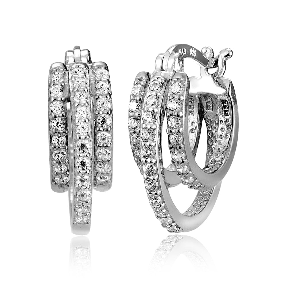 Sterling Silver Cubic Zirconia Triple Row Fashion Hoop Earrings