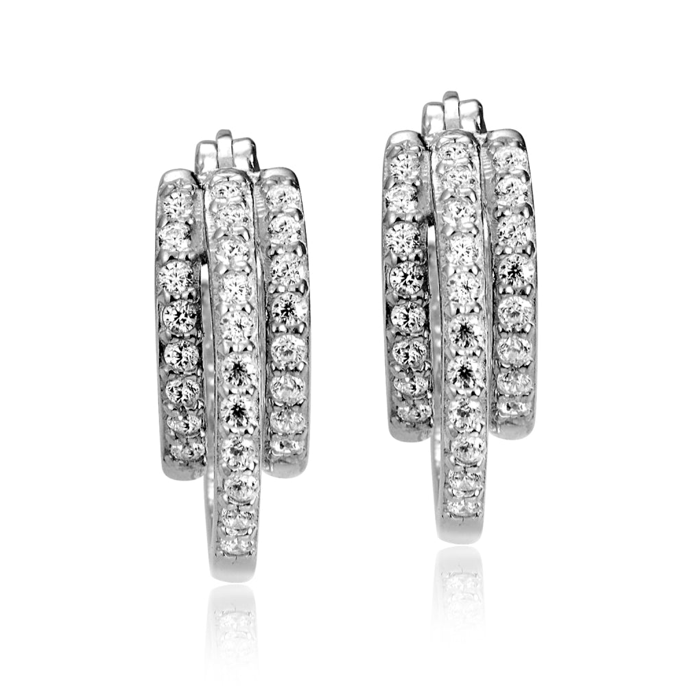 Sterling Silver Cubic Zirconia Triple Row Fashion Hoop Earrings-2