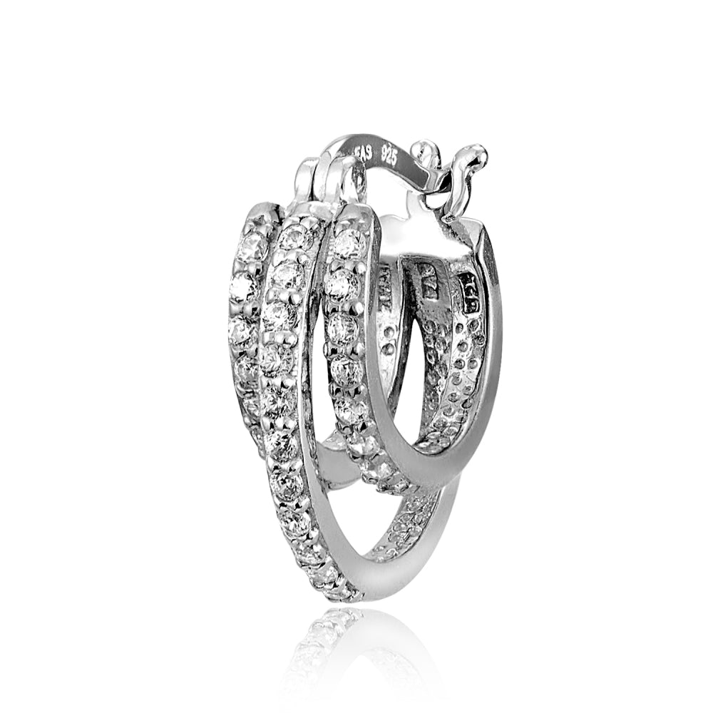 Sterling Silver Cubic Zirconia Triple Row Fashion Hoop Earrings-3